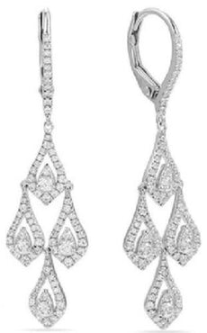 .88CT DIAMOND 14K WHITE GOLD 3D ROUND MULTI TEAR DROP LEVERBACK HANGING EARRINGS
