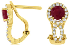 1.29CT DIAMOND & AAA RUBY 14K YELLOW GOLD HALO INFINITY CLIP ON HANGING EARRINGS