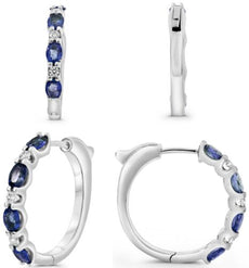 1.93CT DIAMOND & AAA SAPPHIRE 14KT WHITE GOLD OVAL & ROUND HOOP HANGING EARRINGS