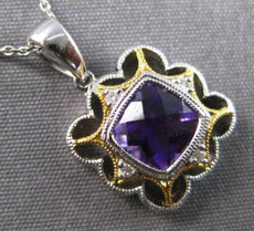 .88CT DIAMOND & AAA AMETHYST 14KT 2 TONE GOLD 3D FLORAL SQUARE FLOATING PENDANT