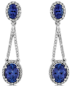 4.27CT DIAMOND & AAA TANZANITE 14KT WHITE GOLD 3D OVAL & ROUND HANGING EARRINGS