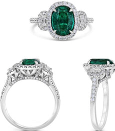 2.38CT DIAMOND & AAA EMERALD PLATINUM OVAL & ROUND 3D 3 STONE ENGAGEMENT RING