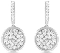1.35CT DIAMOND 14KT WHITE GOLD CLUSTER PAVE CIRCULAR HUGGIE FUN HANGING EARRINGS