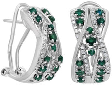 .85CT DIAMOND & AAA EMERALD 14KT WHITE GOLD 3D CRISS CROSS FUN CLIP ON EARRINGS