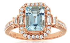1.65CT DIAMOND & AAA AQUAMARINE 14KT ROSE GOLD 3D HALO OCTAGON ENGAGEMENT RING