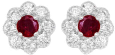 ESTATE .64CT DIAMOND & AAA RUBY 14KT WHITE GOLD 3D CLASSIC FLOWER STUD EARRINGS