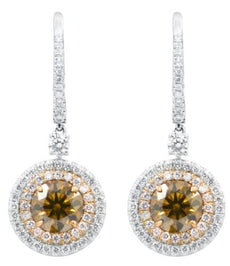 2.52CT WHITE & MOCHA DIAMOND 18KT 2 TONE GOLD ROUND DOUBLE HALO HANGING EARRINGS