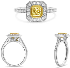 .98CT WHITE & FANCY YELLOW DIAMOND 14KT 2 TONE GOLD CUSHION & ROUND SQUARE RING