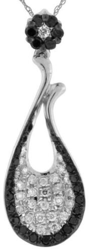 .31CT WHITE & BLACK DIAMOND 14KT WHITE GOLD 3D TEAR DROP FLOWER FLOATING PENDANT