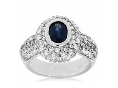 ESTATE 2.50CT DIAMOND & SAPPHIRE 14K WHITE GOLD OVAL DOUBLE HALO ENGAGEMENT RING