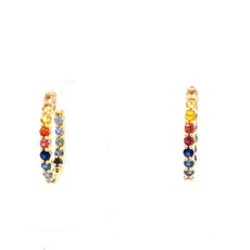 2.49CT AAA MULTI COLOR SAPPHIRE 18KT YELLOW GOLD RAINBOW HOOP HANGING EARRINGS