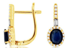 1.08CT DIAMOND & AAA SAPPHIRE 14KT YELLOW GOLD OVAL HALO FLOWER HANGING EARRINGS