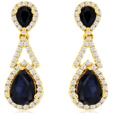 2.47CT DIAMOND & AAA SAPPHIRE 14KT YELLOW GOLD PEAR SHAPE HALO HANGING EARRINGS