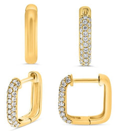 ESTATE .31CT DIAMOND 14KT YELLOW GOLD ROUND 3 ROW SQUARE HUGGIE HANGING EARRINGS