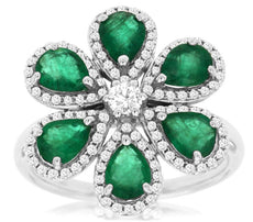 1.90CT DIAMOND & AAA EMERALD 14KT WHITE GOLD 3D ROUND MULTI LEAF FLOWER FUN RING