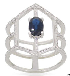 1.25CT DIAMOND & AAA SAPPHIRE 14KT WHITE GOLD 3D OVAL & ROUND HEXAGON FUN RING