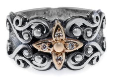 ESTATE .06CT DIAMOND 18KT YELLOW GOLD & 925 SILVER FLOWER STAR FILIGREE FUN RING