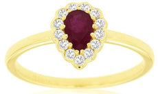 0.59CT DIAMOND & AAA RUBY 14KT YELLOW GOLD 3D PEAR SHAPE & ROUND FRIENDSHIP RING