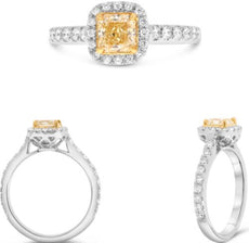 1.18CT WHITE & FANCY YELLOW DIAMOND 18KT 2 TONE GOLD CUSHION & ROUND SQUARE RING
