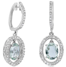 2.25CT DIAMOND & AAA GREEN AMETHYST 14K WHITE GOLD OVAL & ROUND HANGING EARRINGS