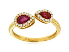 .82CT DIAMOND & AAA RUBY 14KT YELLOW GOLD 3D PEAR SHAPE & ROUND CRISS CROSS RING