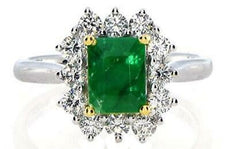 1.36CT DIAMOND & AAA EMERALD 18K 2 TONE GOLD SQUARE & ROUND HALO ENGAGEMENT RING