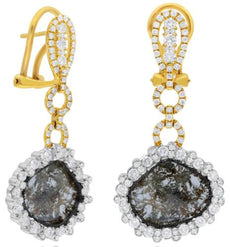 5.80CT WHITE & SLICE DIAMOND 18KT 2 TONE GOLD TEAR DROP CLIP ON HANGING EARRINGS