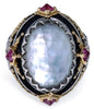 LARGE AAA MOTHER OF PEARL & PINK TOURMALINE 18KT YELLOW GOLD & 925 SILVER RING