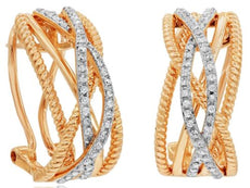 WIDE .35CT DIAMOND 14KT ROSE GOLD MULTI ROW CRISS CROSS CLIP ON HANGING EARRINGS