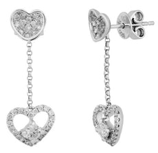 ESTATE .59CT DIAMOND 18KT WHITE GOLD SOLITAIRE DOUBLE HEART FUN HANGING EARRINGS