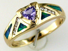 .33CT DIAMOND & AAA TANZANITE & OPAL 14KT YELLOW GOLD TRILLION & ROUND FUN RING