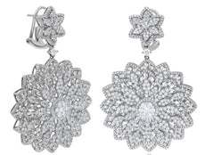 EXTRA LARGE 7.41CT DIAMOND 18KT WHITE GOLD DOUBLE FLOWER STAR HANGING EARRINGS
