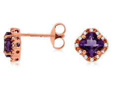 .90CT DIAMOND & AAA AMETHYST 14K ROSE GOLD CUSHION & ROUND FLOWER STUD EARRINGS