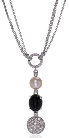 1.49CT DIAMOND & AAA ONYX & PEARL 18KT WHITE GOLD LARIAT CIRCULAR LOVE NECKLACE