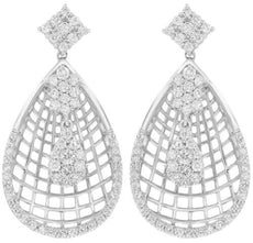 1.25CT DIAMOND 14KT WHITE GOLD FLOWER TEAR DROP WEB GEOMETRICAL HANGING EARRINGS