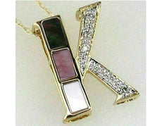 Estate .05Ct Diamond & Aaa Mother Of Pearl 14Kt Yellow Gold 3D K Initial Pendant