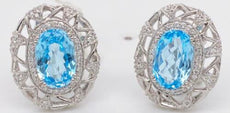 LARGE 10.07CT DIAMOND & AAA SKY BLUE TOPAZ 14KT WHITE GOLD OVAL & ROUND EARRINGS
