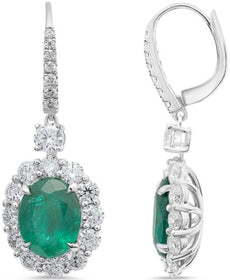 6.28CT DIAMOND & AAA EMERALD 18K WHITE GOLD 3D OVAL & ROUND FUN HANGING EARRINGS
