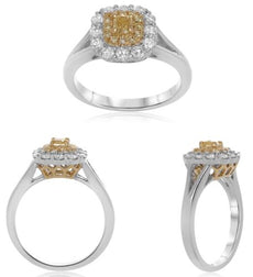 .84CT WHITE & FANCY YELLOW DIAMOND 18K 2 TONE GOLD ROUND & CUSHION FILIGREE RING