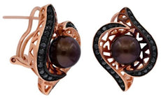 .70CT BLACK DIAMOND & AAA BROWN SOUTH SEA PEARL 14KT YELLOW GOLD 3D FUN EARRINGS