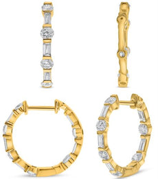 .90CT DIAMOND 14KT YELLOW GOLD ROUND & BAGUETTE INSIDE OUT HOOP HUGGIE EARRINGS