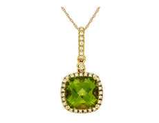 2.14CT DIAMOND & AAA PERIDOT 14K YELLOW GOLD 3D CUSHION & ROUND FLOATING PENDANT