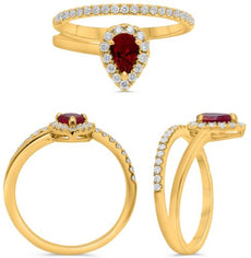 .80CT DIAMOND & AAA RUBY 14K YELLOW GOLD PEAR SHAPE & ROUND DOUBLE BAND FUN RING