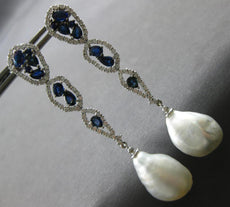 ESTATE EXTRA LARGE 4.38CT AAA SAPPHIRE & SOUTH SEA PEARL 18K WHITE GOLD EARRINGS