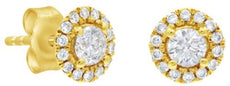 ESTATE .52CT DIAMOND 18K YELLOW GOLD CLASSIC SOLITAIRE HALO FLOWER STUD EARRINGS