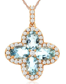 2.0 CT DIAMOND & AAA AQUAMARINE 14KT ROSE GOLD 3D OVAL & ROUND FLOATING PENDANT