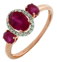 1.4CT DIAMOND & AAA RUBY 14KT ROSE GOLD 3D OVAL & ROUND 3 STONE FRIENDSHIP RING