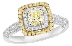 1.42CT WHITE & FANCY YELLOW DIAMOND 18KT 2 TONE GOLD DOUBLE HALO ENGAGEMENT RING