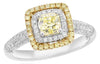 1.42CT WHITE & FANCY YELLOW DIAMOND 18KT 2 TONE GOLD DOUBLE HALO ENGAGEMENT RING