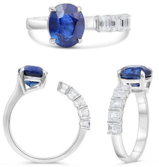 3.70CT DIAMOND & AAA SAPPHIRE 18KT WHITE GOLD 3D OVAL & EMERALD CUT TENSION RING